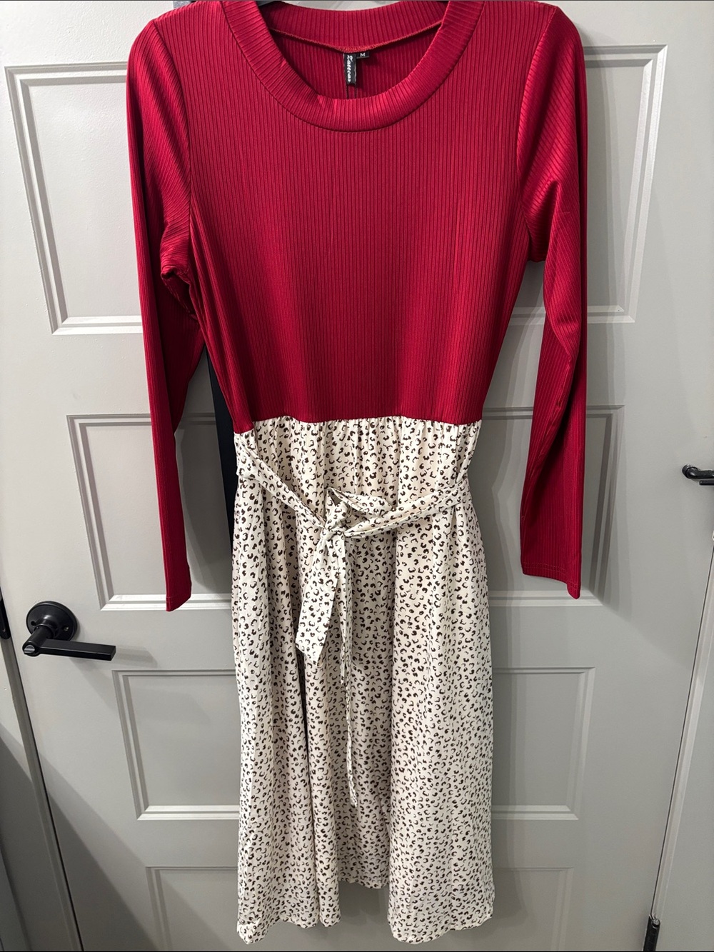Red Long-Sleeve Ribbed Top with Cream Printed Tie-Waist Skirt Dress